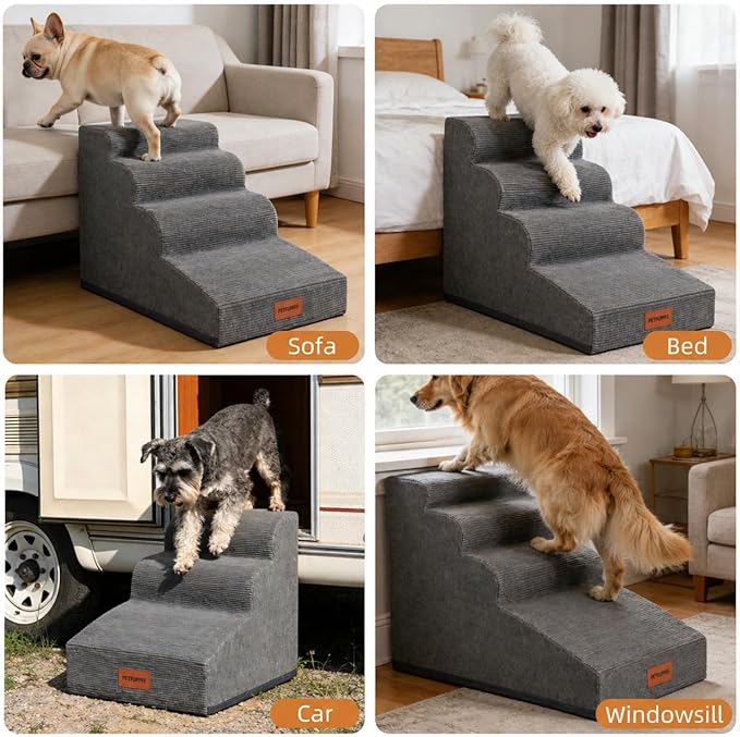 Dog Stairs for Small Dogs and Cats, 19.7" H, 4-Step Curved Pet Ramp for Beds or Couches, Non-Slip Medium Pet Steps with High Density Foam, Grey