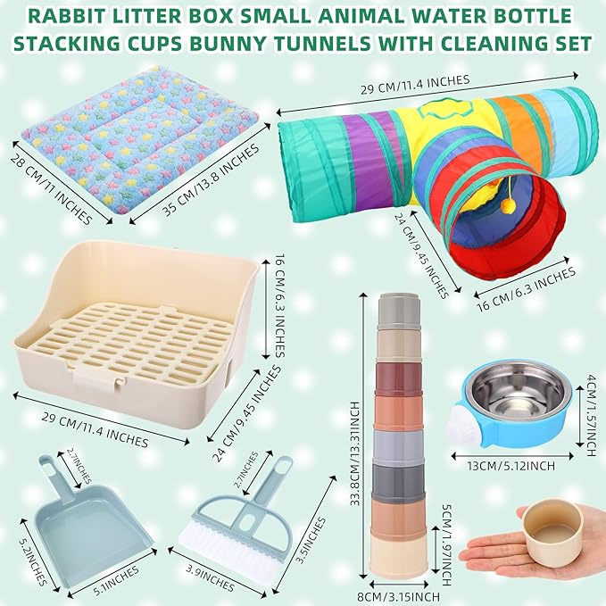 34 Pcs Rabbit Starter Kit Rabbit Litter Box Small Animal Water Bottle Stacking Cups Bunny Tunnels Animal Grooming Kit Bowl Blanket with Cleaning Set for Guinea Pig Bunny Accessories(Blue)