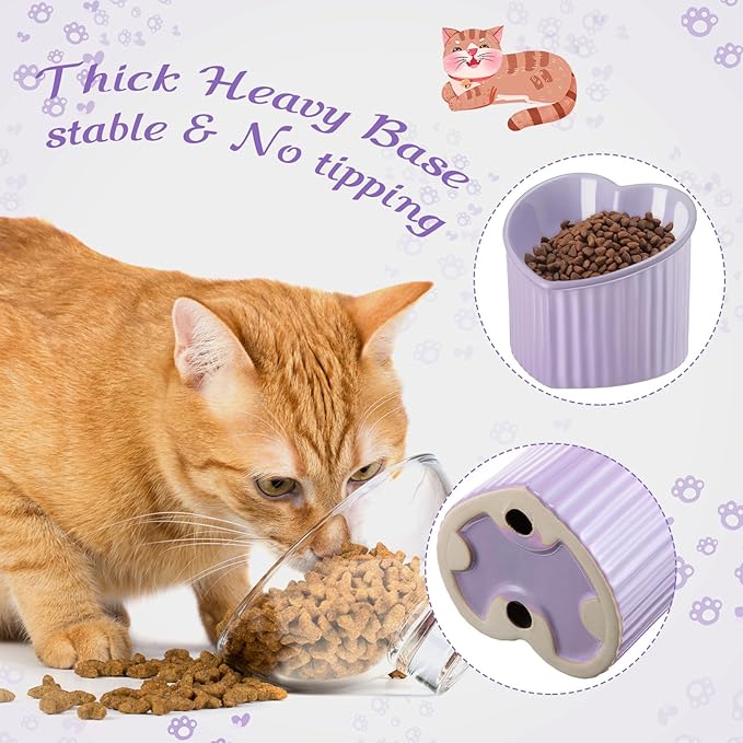 Mumufy 2 Pcs Ceramic Elevated Cat Bowls Tilted Elevated Raised Pet Bowls Anti Vomit Cat Dish for Indoor Stress Free Water Dish Feeder for Puppies, Heart Shaped(White, Purple)