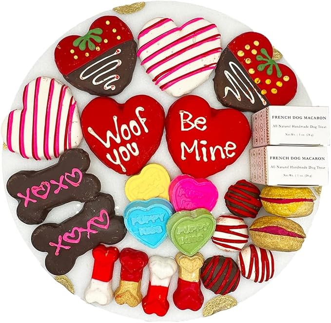 Bonne et Filou Valentine Dog Treats, Gift Box of 22 Luxury Macarons, Truffles & Bone Cookies, Healthy & Delicious Snacks for Medium to Large Dogs