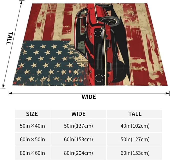 Muscle Car Blanket Gifts for Women Men Adults Car Lovers, American Flag Plush Fleece Throw Blankets, Cozy Soft Warm Bedding Decor for Sofa Living Room Travel 60"x80"