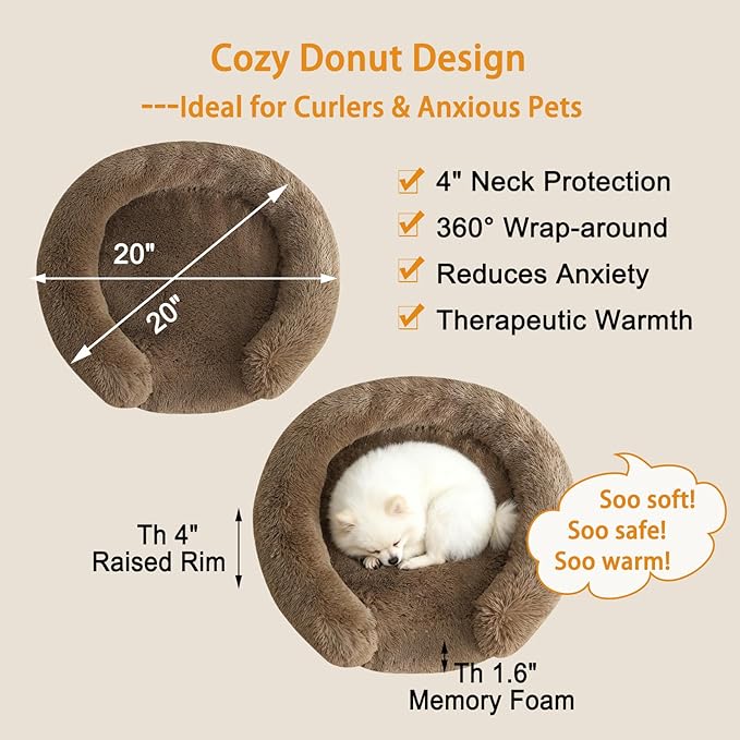 Calming Dog & Cat Beds for Small Medium Dogs Cats, Anti-Anxiety Pet Bed Orthopedic Donut Cushion, Soft Fluffy Faux Fur Warming Cozy Washable, Fits up to 15 lbs Pets (Round, Coffee 20")