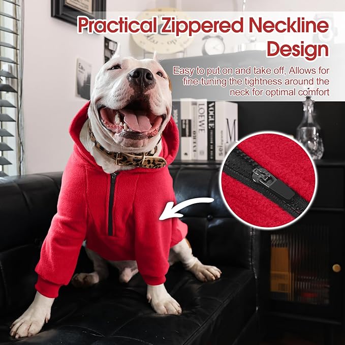 Nanaki Large Dog Hoodie with Pocket- Long Sleeves Fleece Sweater Adjustable Half-Zipperd Collar- Comfort Stretchy Dog Sweatshirt Hooded for Beagle, Warm Pullover Jacket Fall Winter Coat Red, L
