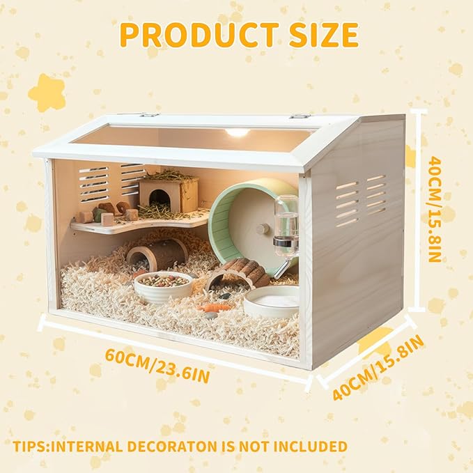 Wooden Hamster Cage Chewproof, Large Hamster Cages and Habitats, Small Animal Habitat with Openable Acrylic Sheet for Gerbil, Degus Mice, Guinea Pig, Rat& Other Small Pets（23.62in）