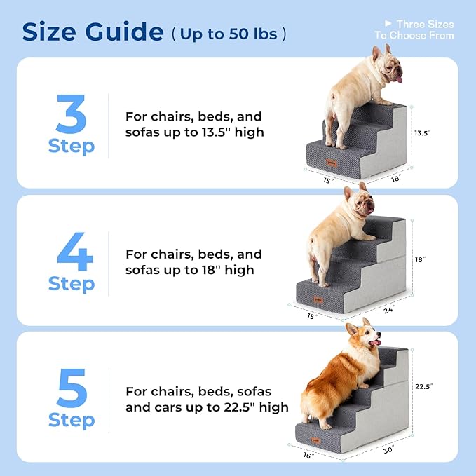 ZOMISIA Dog Stairs for Small Dogs - Pet Stairs 2 in 1 with Zippers Suitable for Couch and Bed, 35D Foam Dog Steps with Non Slip Bottom Grey 4 Steps, Brown