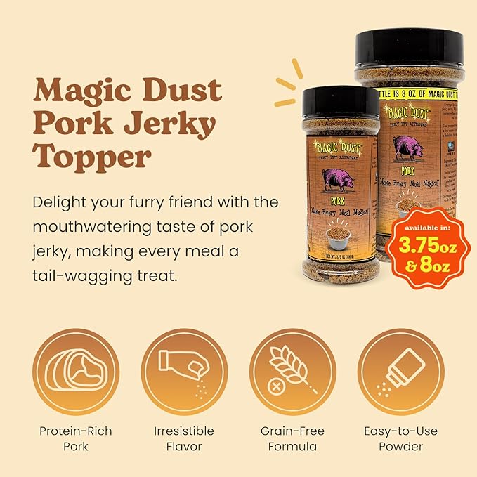 Wild Meadow Farms - Magic Dust Pork Jerky Topper, Single Protein Pet Food Topper for Dogs & Cats, Enhance Flavor & Elevate Mealtime Excitement for Picky Eaters - 8 Ounce Bottle in Pork Flavor