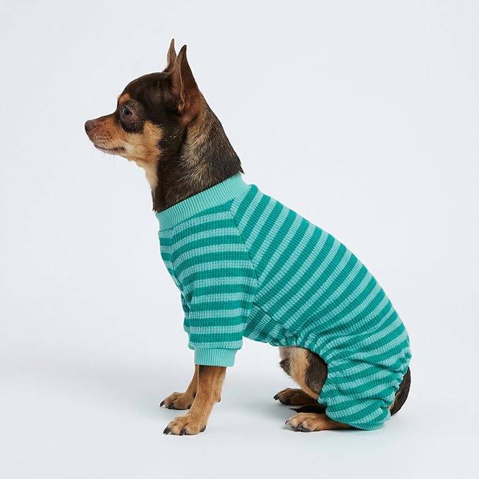 Fitwarm Green and Teal Striped Dog Pajamas, Waffle Dog Clothes for Small Dogs Girl Boy, Puppy Onesie with Feet, Pet Cat Outfit, Small