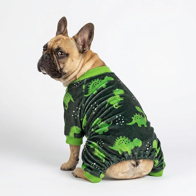 Fitwarm Dinosaur Dog Fleece Pajamas, Warm Clothes for Small Dogs Boy, Cozy Pet Onesie with Feet, Dark Green, Bright Green, XXL