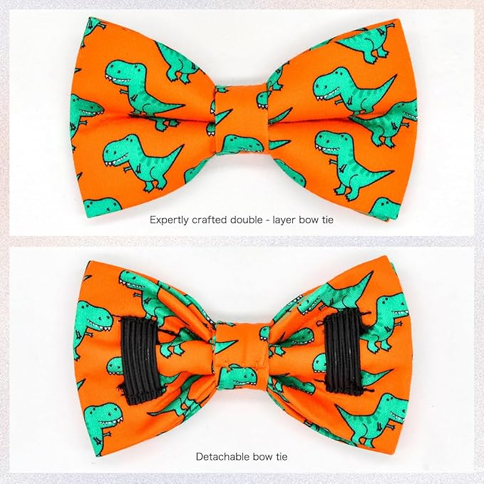 Breakaway Cat Collar Bowtie Bell, Orange Dinosaur T-rax, Wedding/Birthday Gift for Kitten