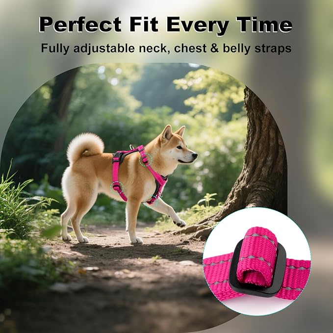 Plutus Pet Adjustable No Pull Dog Harness with Leather Accents, Heavy Duty Reflective Nylon Vest for Training, Hiking, Easy Walk Harness for Small, Medium, Large Dogs (Hot Pink, L)