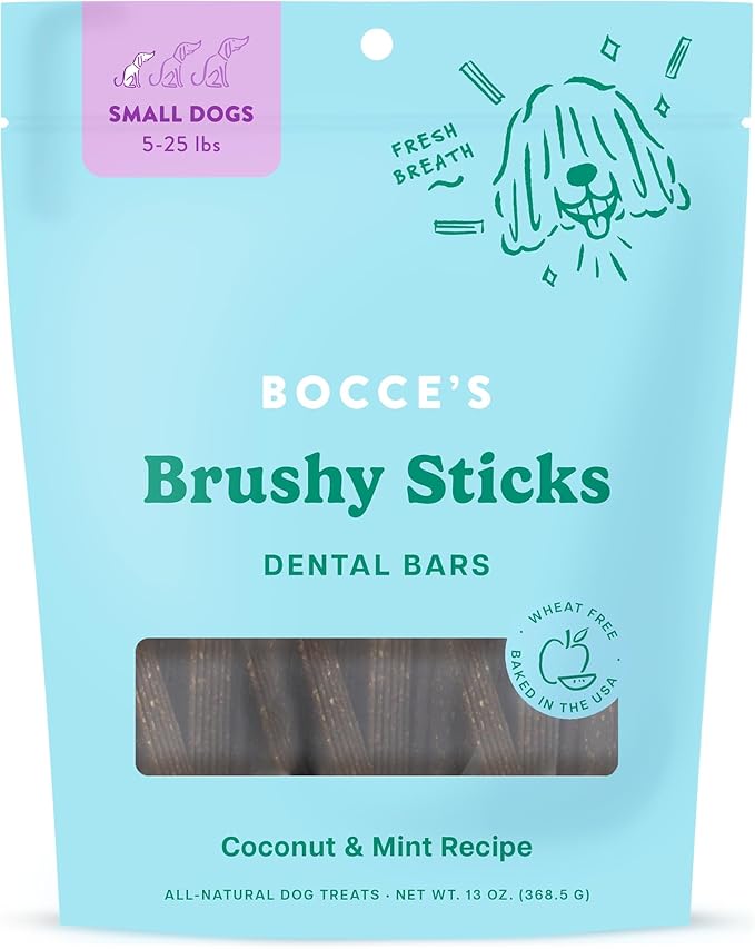 Bocce's Bakery Dailies Brushy Sticks to Support Oral Health & Fresh Breath, Wheat-Free Dental Bars for Dogs, Made with Real Ingredients, Baked in the USA, Natural Coconut & Mint Recipe, Small Dogs