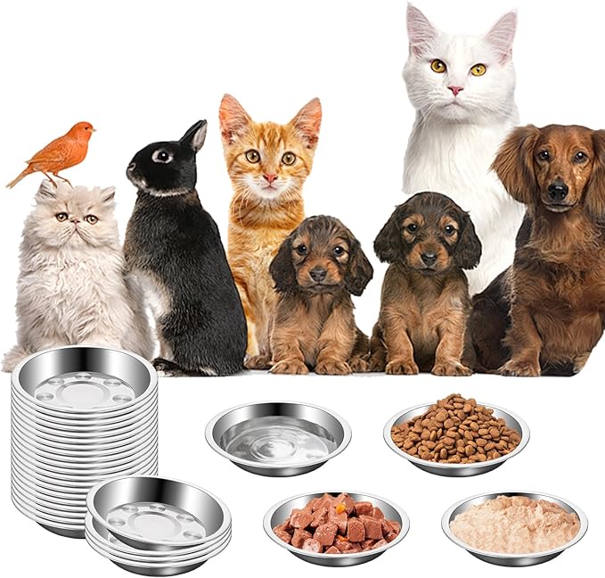 24 Pcs Stainless Steel Cat Bowls Shallow Cat Food Bowls, Shallow Metal Pet Dishes, Replacement Whisker Relief Cats Water Dish, for Elevated Stand, Dishwasher Safe, 5.4 Inch