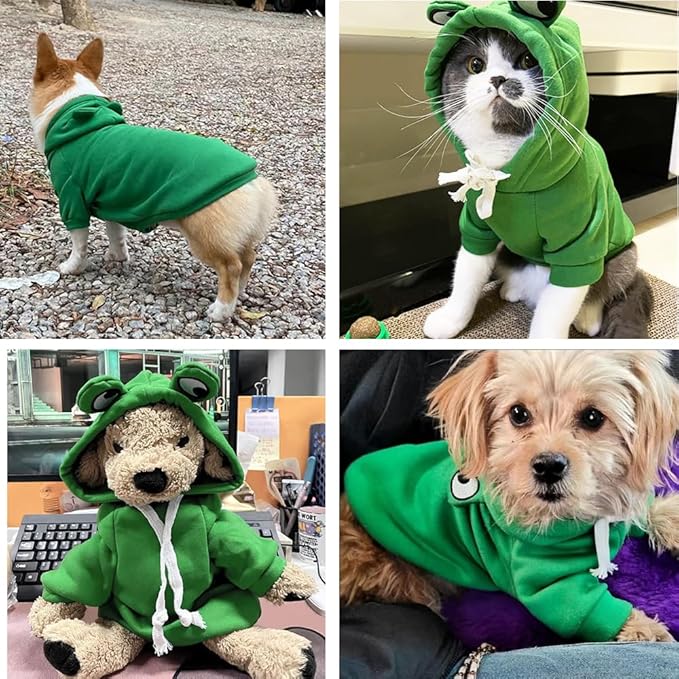 ANIAC Funny Pet Clothes for Small Dog Cat Girl Male Puppy Hoodies Warm Dogs Sweatshirt Coat with Eye Hood Fall Cat Apparel Christmas Halloween Outfit Dog Frog Costume (Green, Small)