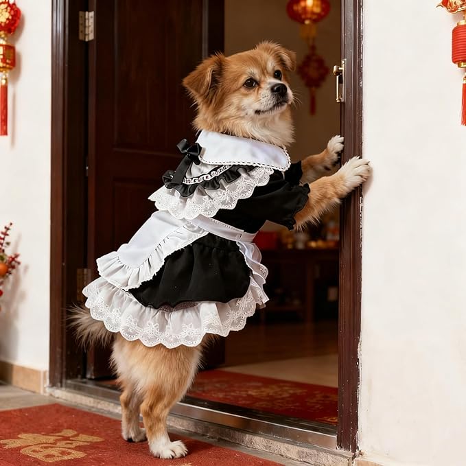 Pet Maid Outfit Cat Princess Dresses Adorable Costume with Headwear for Cats Dogs Birthday Party Black XL