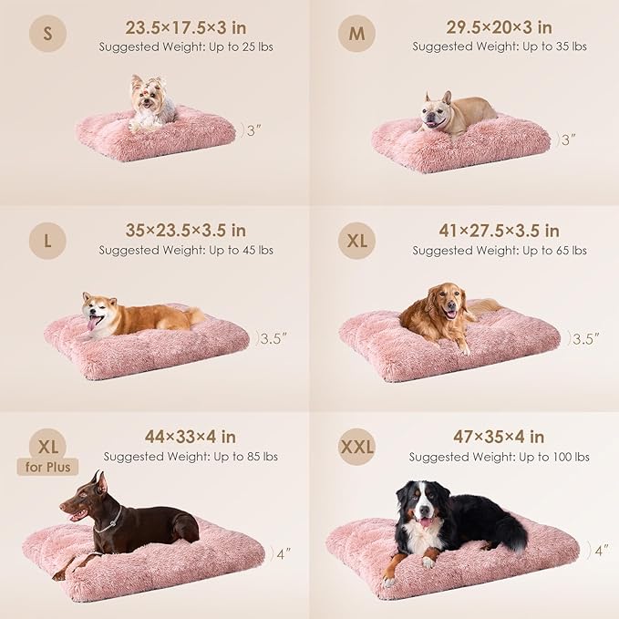 EHEYCIGA Fluffy Dog Crate Bed for Extra Large Dogs, Plush Faux Fur XLP Pad, Calming Anti Anxiety XL Plus Bed for Crate, Washable Soft Warm Dog Mat with Non-Slip Bottom, Pink
