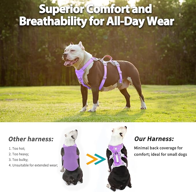 Huntboo Escape Proof Dog Harness, Escape Artist Harness, Reflective Harness with Padded Handle, Breathable, Adjustable Vest for Medium Dogs Walking, Training, and Running Gear（Lavender Purple, S