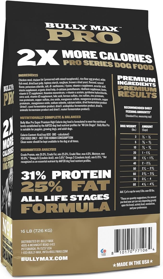 Bully Max Pro 2X High Calorie & High Protein Dry Dog Food for Puppy & Adult Dogs - Healthy Weight Gain & Muscle Building for Small & Large Breeds - Slow-Cooked, 600 Calories/Cup, Chicken Flavor, 16lb.