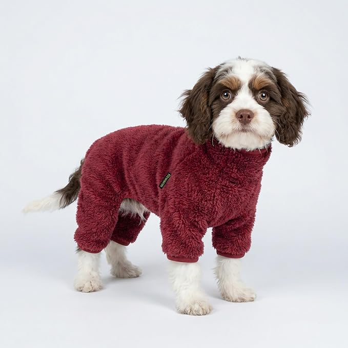 Fitwarm Fuzzy Fleece Dog Christmas Pajamas, Dog Winter Clothes for Small Dogs Girl Boy, Velvet Dog Onesie, Pet Jumpsuit, Doggy Apparel, Maroon, XL