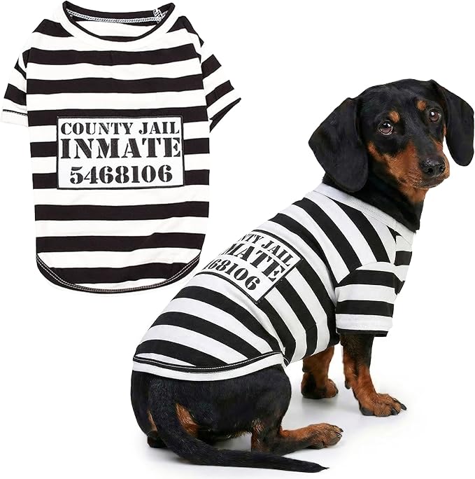 Parisian Pet Prisoner Dog Costume - 100% Cotton Striped Dog Clothes for Large Dogs - Lightweight Puppy Outfits - Funny French Bulldog Clothes - Sleeved Shirt for Dogs - Stretchy Pet Costume