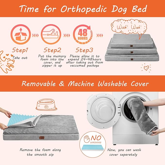 EHEYCIGA Orthopedic Dog Bed Waterproof 35"x23", Memory Foam Pet Bed for Larged Size Dogs, Washable Pet Mat with Removable Cover, Grey