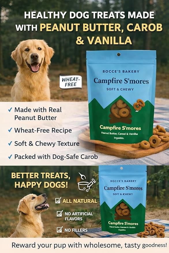 Bocce's Bakery Soft & Chewy Campfire S’Mores Dog Treats, 2 lbs | Wheat-Free, All Natural Ingredients | Made with Peanut Butter & Vanilla| Healthy, USA-Baked Snacks for Dogs