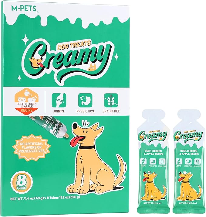 M-PETS Beef Chicken & Apple Lickable Dog Treats,Soft Healthy Dog Snacks in Squeeze Tubes for Puppies & Seniors,Reward Training or Food Topper,Low-Calorie Puree for Joint & Digestive Support – 8 Pack