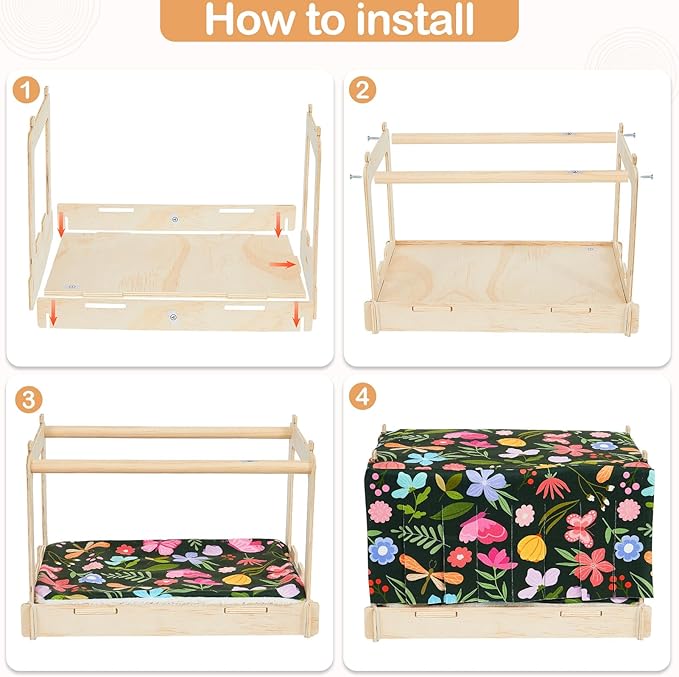 Glittme Guinea Pig Hideout, Wooden Guinea Pig Bed with Waterproof Mat, Durable Rabbit Bed with Door Curtain for Guinea Pig, Rabbit, Ferret, Squirrel, Bunny