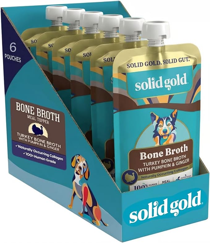 Solid Gold Turkey Bone Broth for Dogs - Limited Ingredient Bone Broth Dog Food Toppers for Picky Eaters with Collagen & Superfoods - Dog Gravy Topper for Dry Food - Gut Health & Hydration - 6 Pack