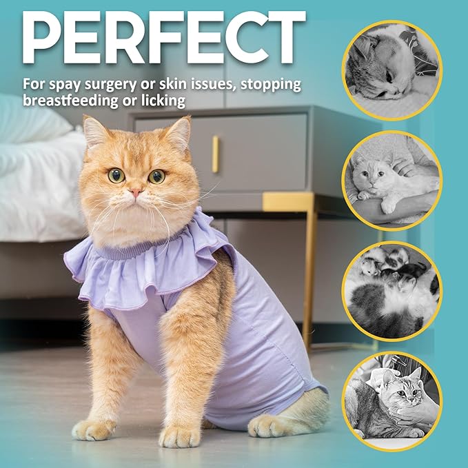 Avont Cat Recovery Suit - Kitten Onesie for Cats After Surgery, Cone of Shame Alternative Surgical Spay Suit with Ruffles for Female Cat, Post-Surgery or Skin Diseases Protection -Lilac (L)