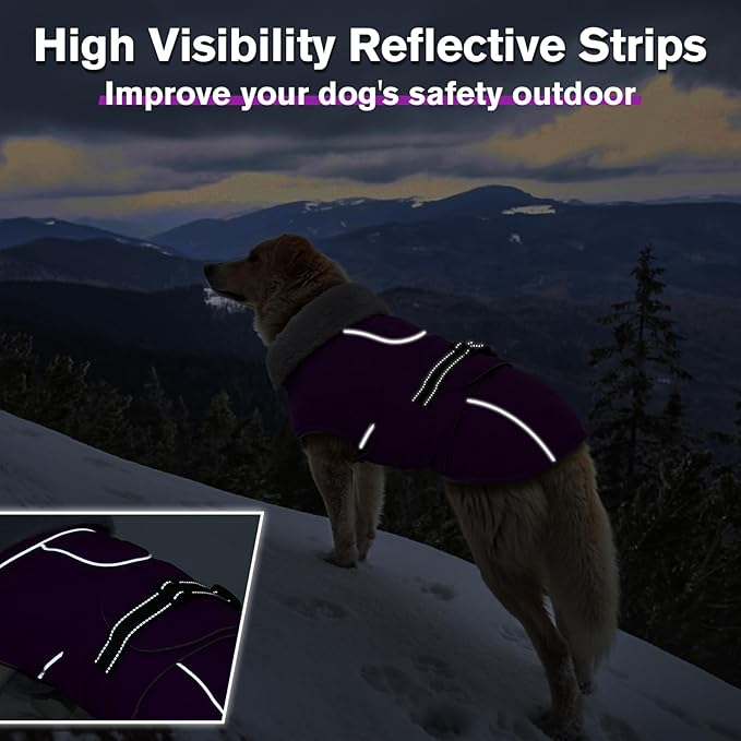 Lelepet Warm Dog Winter Coats for Large Dogs Waterproof Dog Jacket Reflective Pet Fleece Vest Windproof Cold Weather Coats with Adjustable Buckle & Leash Hole, Purple, XXL