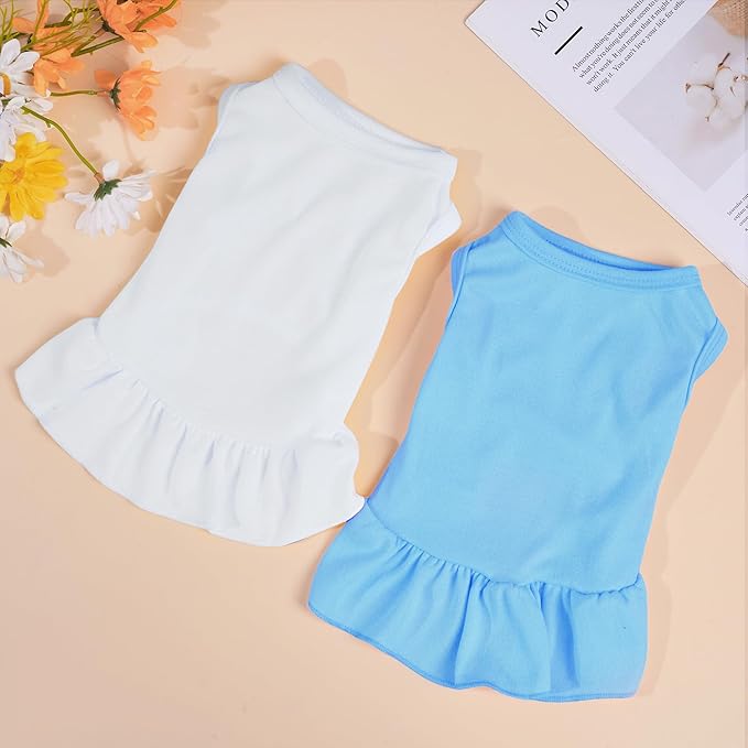 2 Pcs Dog Dresses Cat Skirt Solid Color Dog Clothes Summer Sleeveless Puppy Girl Clothes for Small Pet Dogs Cats (White,Blue, X-Small)