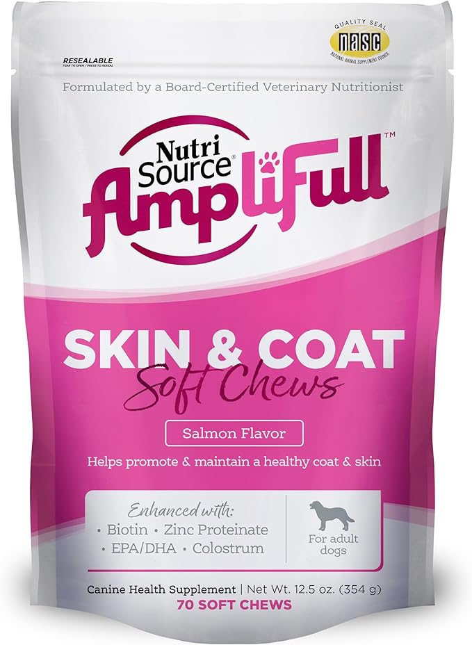 NutriSource AmpliFull Salmon Flavor Skin & Coat Soft Chews for Dogs, Daily Omega-3 Fatty Acids, Zinc & Biotin Supplement for Shiny Coat & Healthy Skin, 70 Chews (1 Pack)