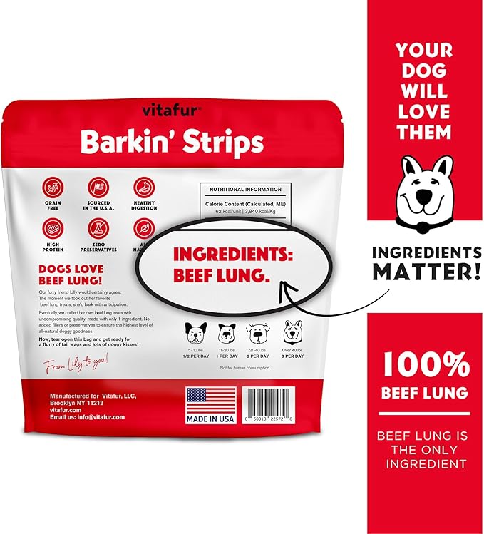 Barkin Burger Strips Made of Only Beef Lung Fillets Grain-Free Dog Digestive Support Single Ingredient Dog Treats Excellent high Reward trainging Jerky Treats Made in USA