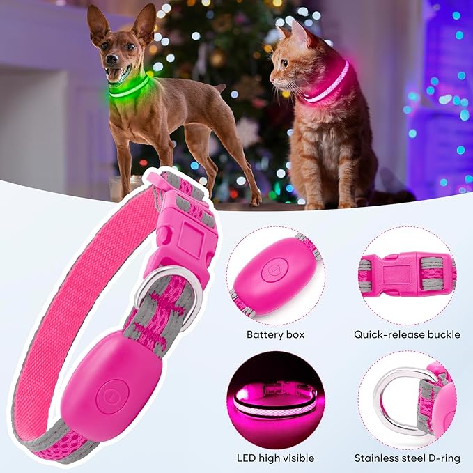 Flashseen LED Dog Collar, Light Up Dog Collar USB Rechargeable, Brightest Dog Lights for Night Walking, Adjustable Dog Collar Light for Dog Safety (Pink, X-Small)