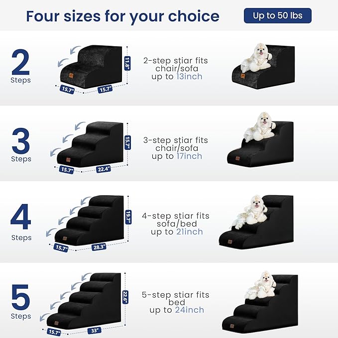 GoGoBunny Ramp Dog Stairs for Couch Sofa and Chair 15.7" H, 3-Step Pet Steps for Small Dogs and Cats, Non-Slip Waterproof Fabric Cover, Stable and Balanced Indoor Step, Pets Friendly, Black