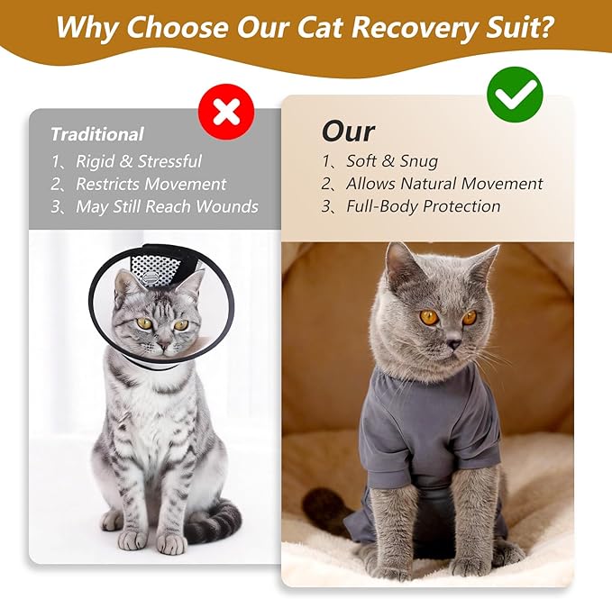 Dotoner Cat Recovery Suit After Surgery Spay Recovery Suit for Female Cats Soft Protective Clothing E-Collar Alternative for Wound Care Post Surgery Apparel(Grey-M)