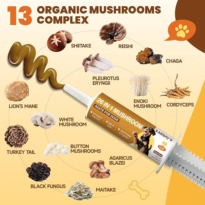 Turkey Tail Mushroom for Dogs - 26 in 1 Mushroom Paste for Dogs Lumps and Bumps, Immune System, Digestion, Skin, Energy, Joint- 13 Mushrooms Turkey Tail, Chaga, Reishi, Lion's Mane - Chicken Flavor