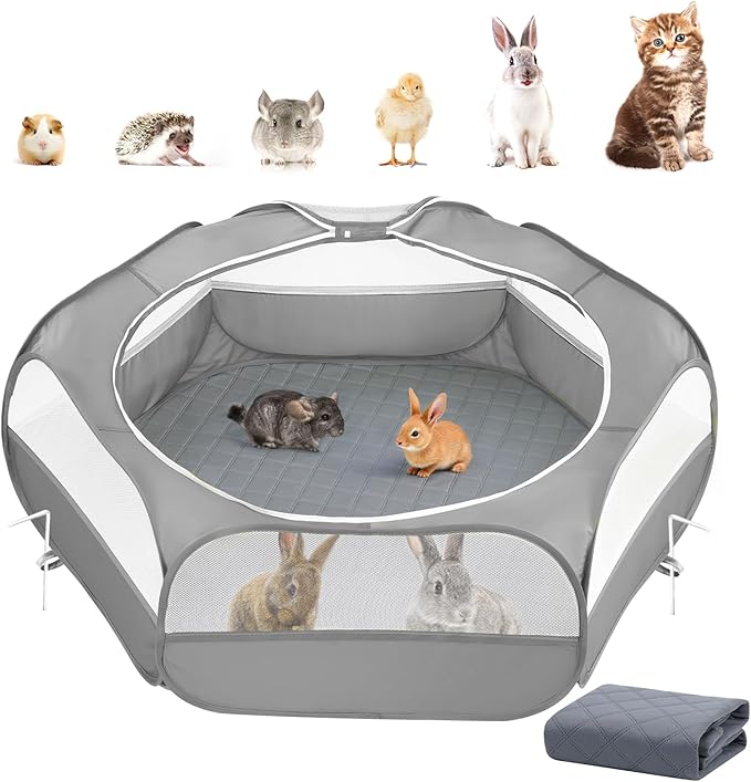 2-in-1 Small Animals Playpen with Pad, Waterproof Small Pet Cage Tent with Reusable Pad, Portable Outdoor Yard Fence with 3 Metal Rod for Chick/Kitten/Puppy/Guinea Pig/Rabbits/Chinchillas, Gray+Gray