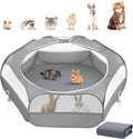 2-in-1 Small Animals Playpen with Pad, Waterproof Small Pet Cage Tent with Reusable Pad, Portable Outdoor Yard Fence with 3 Metal Rod for Chick/Kitten/Puppy/Guinea Pig/Rabbits/Chinchillas, Gray+Gray
