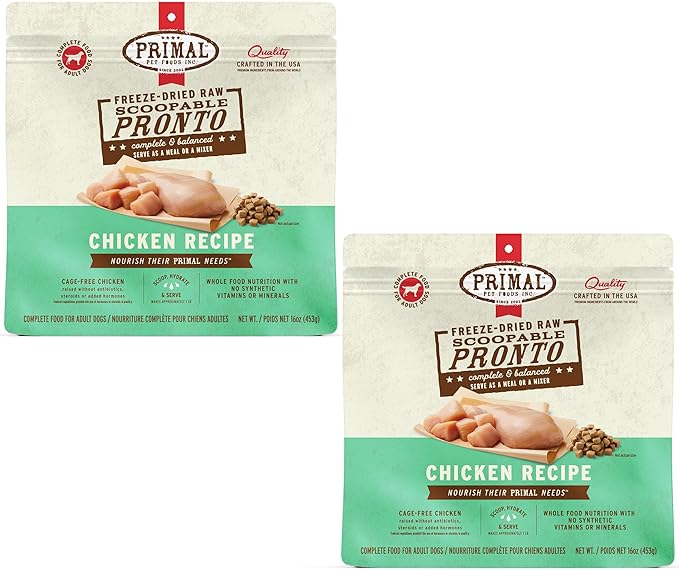 Primal Freeze Dried Dog Food, Pronto Mini Nuggets, Chicken;Scoop & Serve,Complete & Balanced Meal; Also Use As Topper or Treat; Premium, Healthy, Grain Free, High Protein Raw Dog Food 16 oz(Pack of 2)