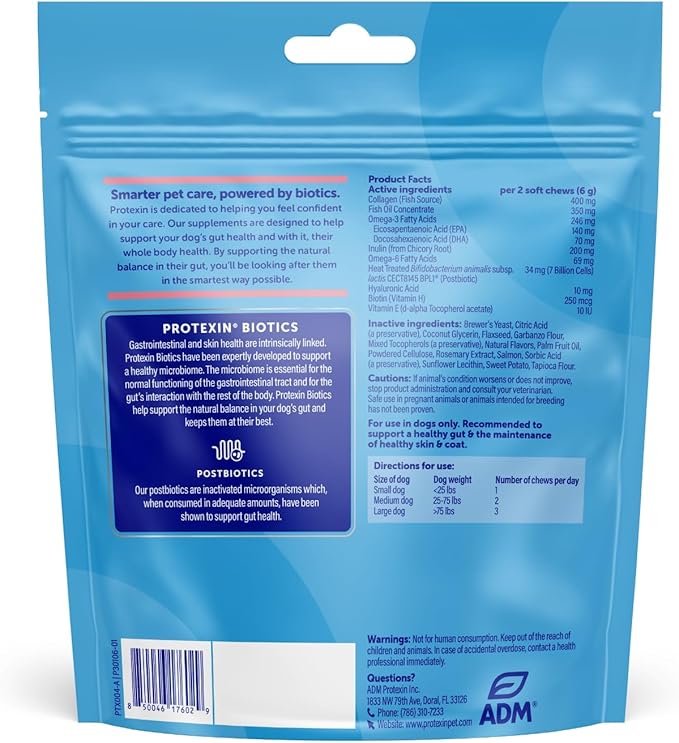 Protexin Daily Care Gut+ Skin & Coat | 60 Dog Chews, Salmon and Sweet Potato Flavor Dog Supplement | Probiotics for Dogs, Dog Postbiotics
