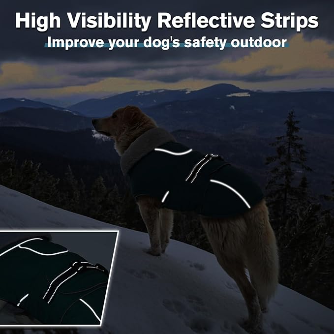 Lelepet Warm Dog Coats for Large Dogs Waterproof Dog Winter Jacket Reflective Pet Fleece Vest Windproof Cold Weather Coats with Adjustable Buckle & Leash Hole, Dark Green, L