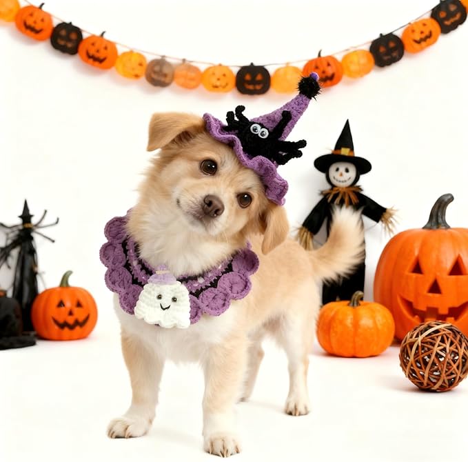 Halloween Cat Costume & Dog Outfit – Handmade Purple Witch Hat & Cute Ghost Cat Clothes, Adjustable Pet Outfit for Rabbits,Cats &Small Dogs, Lightweight & Breathable, Festive Pet Accessories