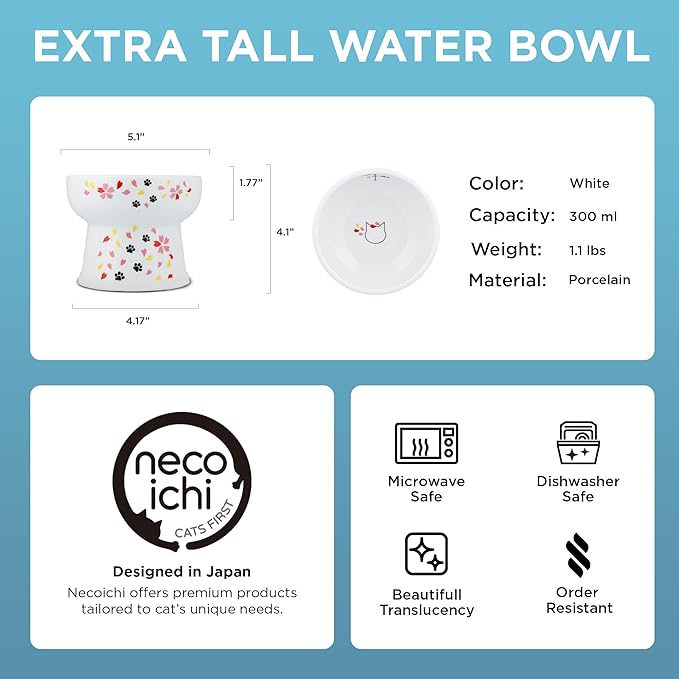Necoichi Elevated Cat Water Bowl – Ceramic Raised Cat Bowl, Prevents Neck & Whisker Fatigue – Dishwasher & Microwave Safe – Pet Water Bowl for Cats (Sakura Floral, Extra Tall)