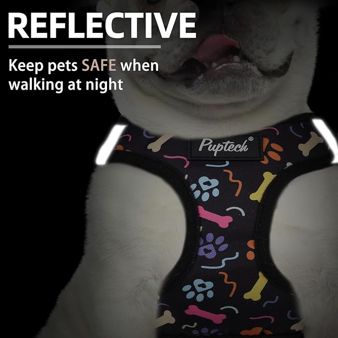 PUPTECK Dog Harness and Leash Set for Small Medium Dogs No Pull Step-in Soft Mesh Puppy Cat Vest Harnesses Reflective at Night, Black Paw, L