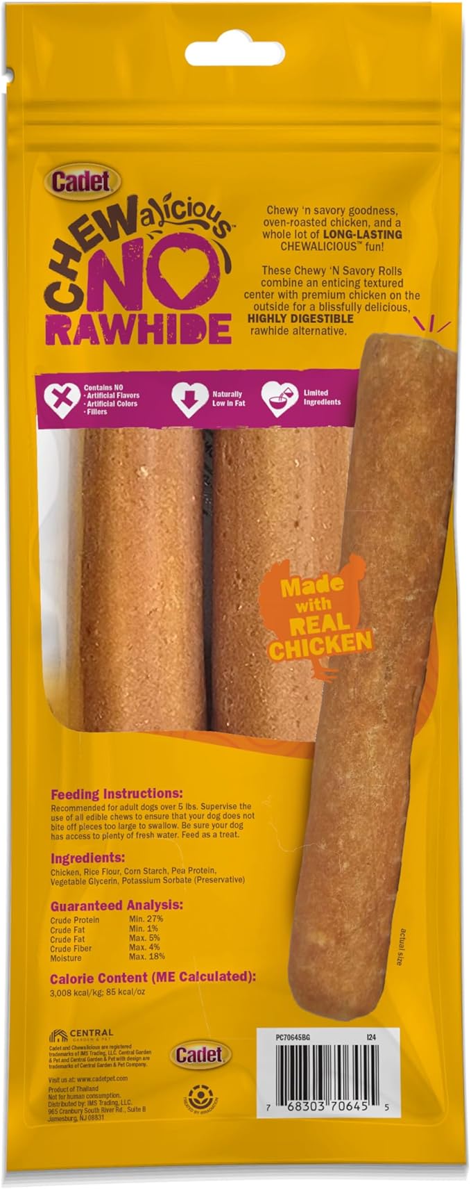 Cadet Chewalicious Chewy 'N Savory Rolls with Real Chicken, Rawhide-Free Healthy Dog Chews, Limited-Ingredient Dog Treats & Long-Lasting Chew Treats for Dogs, Chicken Flavor, 2 Pack