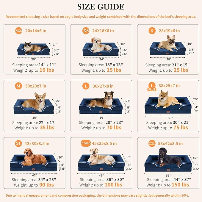 Comfort Expression Orthopedic Dog Bed for Extra Large Dogs 53x42 Inch, Waterproof Egg Crate Foam XXL Pet Bed with Removable Bolsters, Dog Couch with Washable Cover & Non-Slip Bottom, Navy Blue