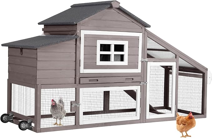 Wooden Chicken Coop, Large Chicken Tractor with Wheels, Weatherproof Hen House with Nest Box and Removable Tray, Mobile Poultry Hutch for 2-4 Chickens, Rabbits & Ducks (Brown)