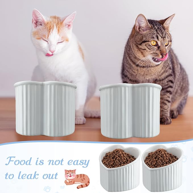Mumufy 2 Pcs Ceramic Elevated Cat Bowls Tilted Elevated Raised Pet Bowls Anti Vomit Cat Dish for Indoor Stress Free Water Dish Feeder for Puppies, Heart Shaped(Pearly White)