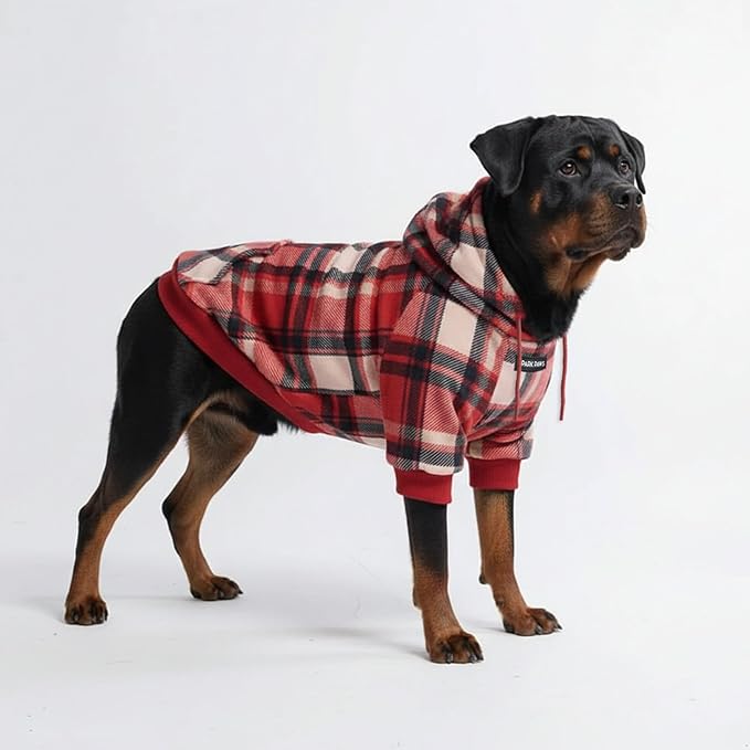 Spark Paws Dog Hoodie – Premium Dog Sweater for Small, Medium, and Large Dogs | Warm Outfits for French Bulldogs, Pitbull, Puppy, Winter Jacket Alternative - Red Plaid, 4XL